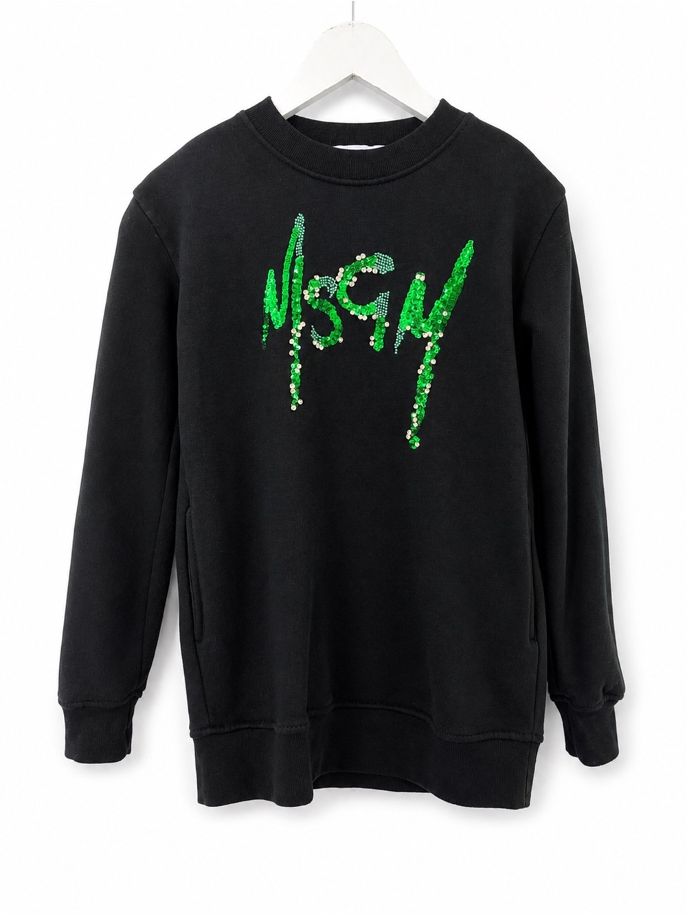 MSGM 6y girls sweatshirt beaded logo black green 0552 shoulder pad sequin